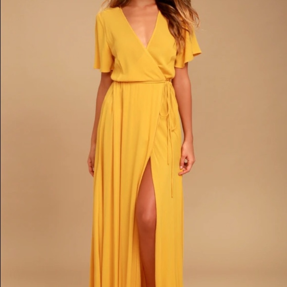 Lulu’s Much Obliged Golden Yellow Wrap Maxi Dress